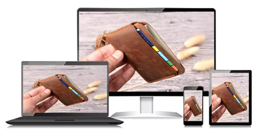 leather item shown on multiple electronic devices such as laptops and smartphones, showing color difference.