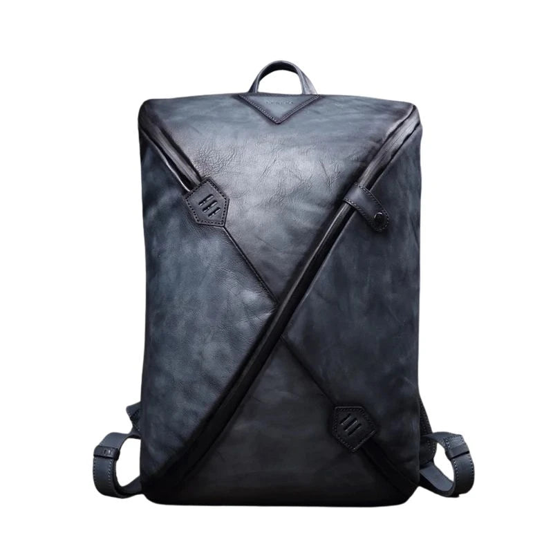 Stylish blue vintage men's leather backpack with unique design, soft handle and adjustable straps, front view - variant.