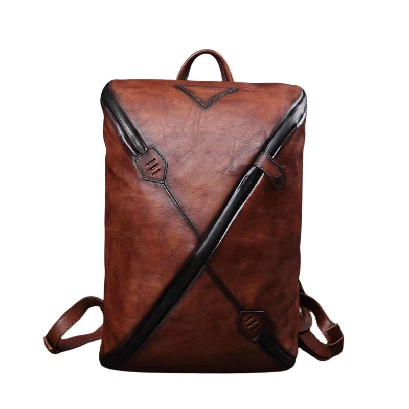 Stylish coffee brown vintage men's leather backpack with unique design, soft handle and adjustable straps, front view - variant.