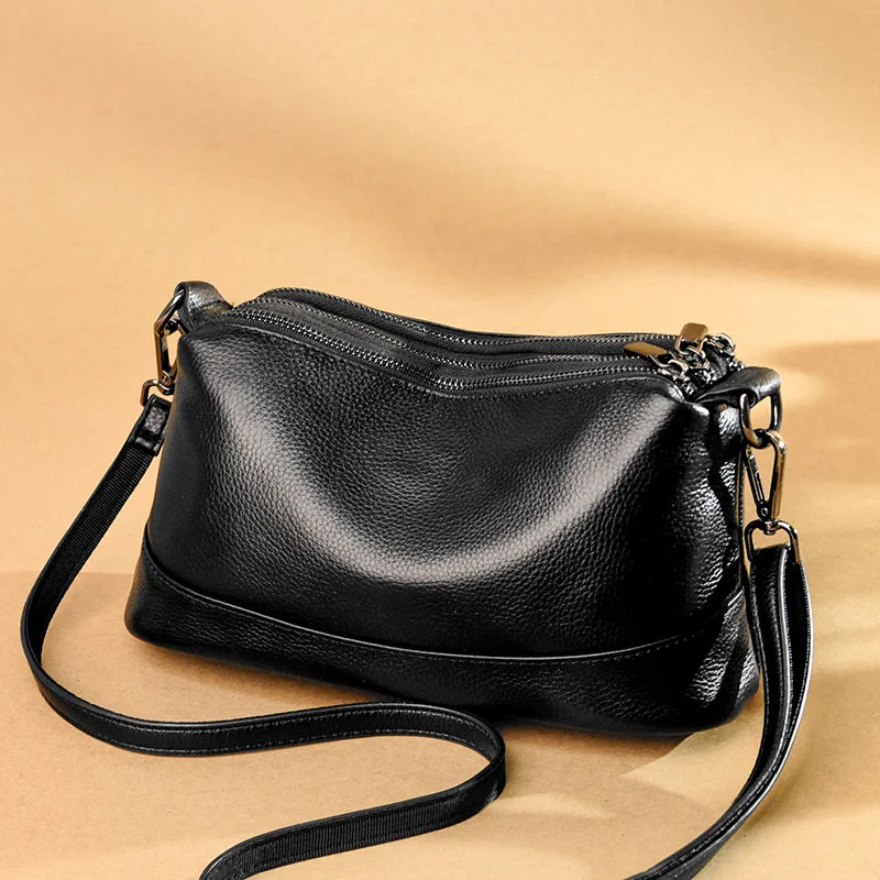 Chic Genuine Leather Shoulder Bag - Black color, front view