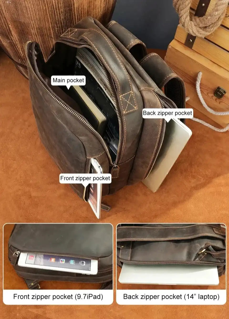 Brown leather backpack with multiple compartments, including iPad pocket, main pocket and laptop pocket.
