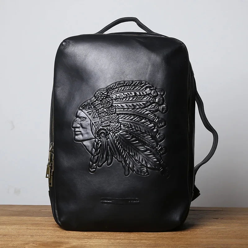Black leather backpack with indigenous chief embossed print. An attractive accessory for all occasions - front view.