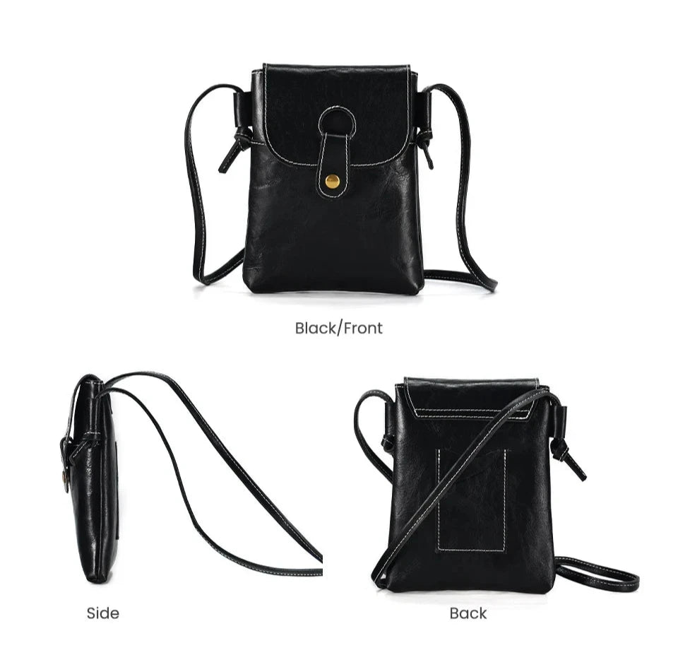 black leather crossbody bag with handle, front, side and back views showing elegant and practical design.