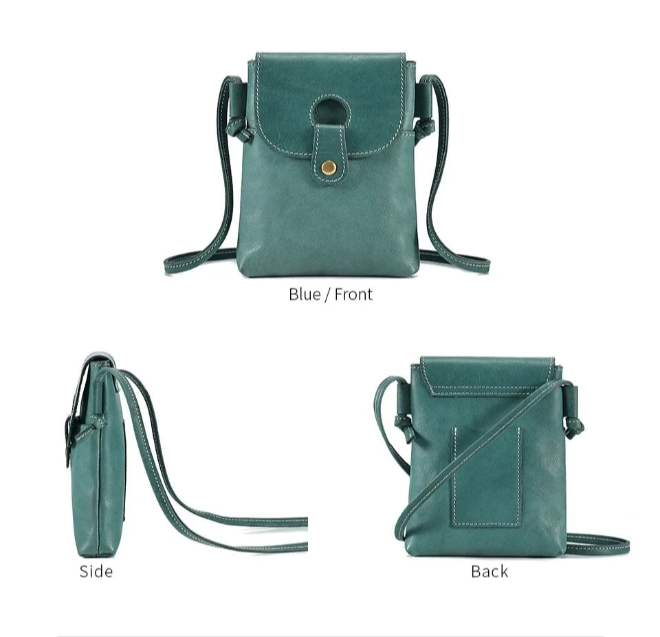 Blue leather crossbody bag with handle, front, side and back views showing elegant and practical design.