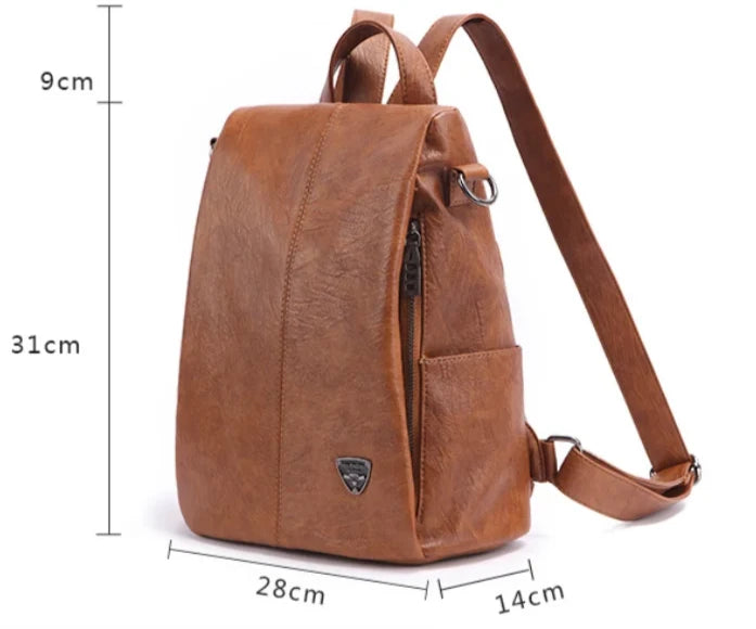 Chic brown leather backpack with a sleek design and comfortable handle and straps - dimensions