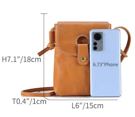Brown women's leather crossbody bag, with dimensions and smartphone for size reference.