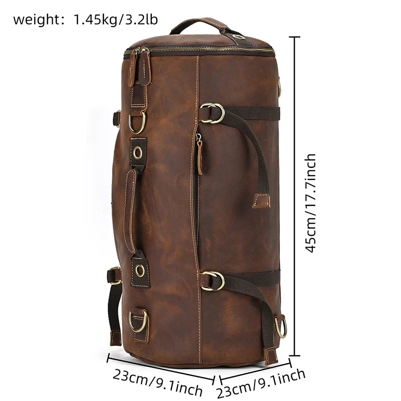 Brown leather duffle bag measuring 45cm high and 23cm wide, front view.
