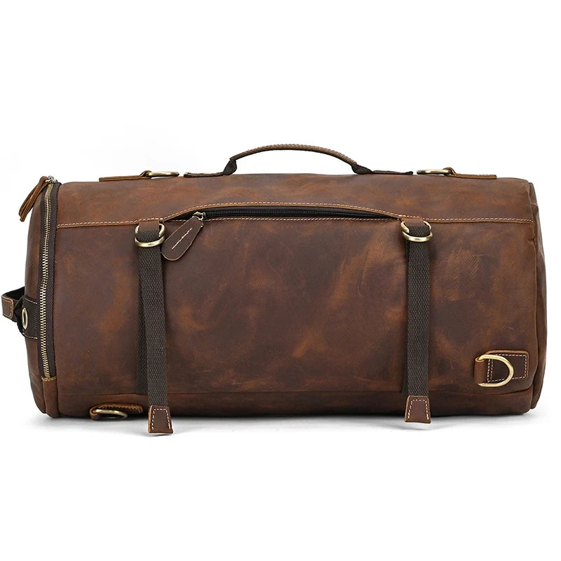 High quality brown leather duffle bag, with durable handles and elegant design, front view.