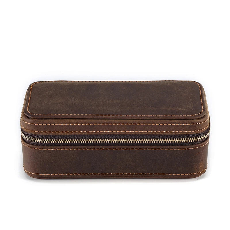 coffee brown leather watch case with zipper closure, ideal for organizing and storing watches - front view.