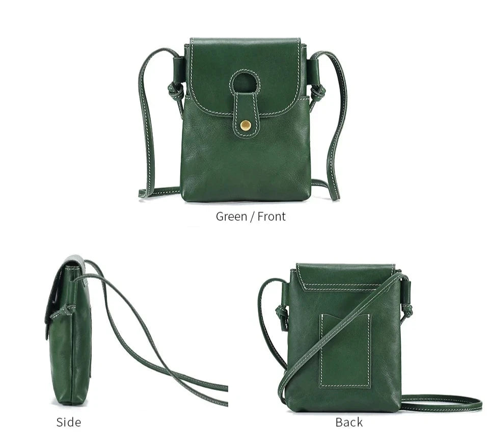 green leather crossbody bag with handle, front, side and back views showing elegant and practical design.