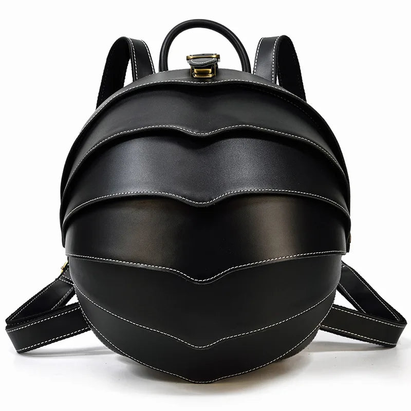 Black leather backpack with an exclusive wavy design, highlighting its elegant stitching and rounded shape, front view.