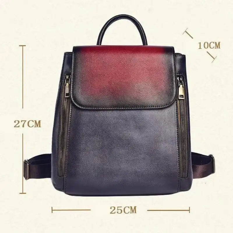 stylish leather backpack with a modern design and dimensions of 27cm high by 25cm wide.