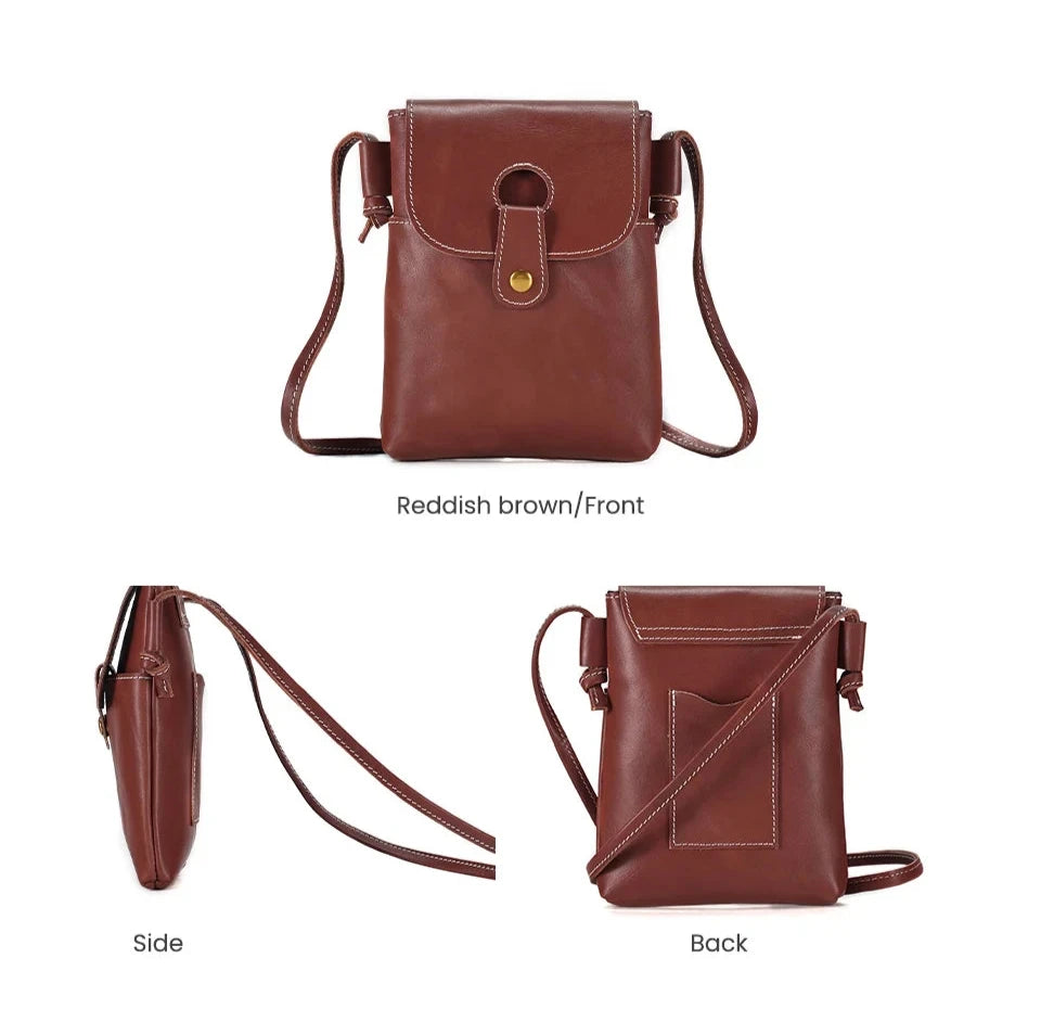 reddish brown leather crossbody bag with handle, front, side and back views showing elegant and practical design.