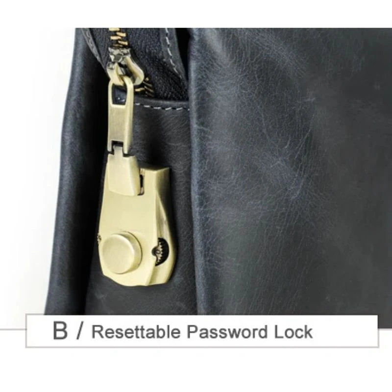 A resettable password padlock on a leather clutch. Ideal for those looking for security and practicality in their accessories.