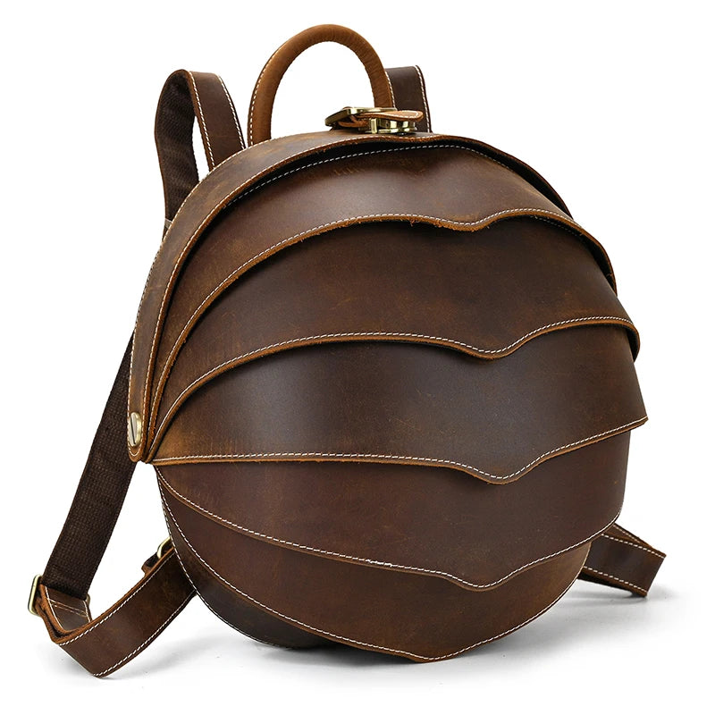 Brown leather backpack with an exclusive wavy design, highlighting its elegant stitching and rounded shape, front view.