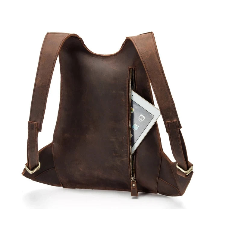 Stylish brown leather backpack with tablet in back pocket, back view.