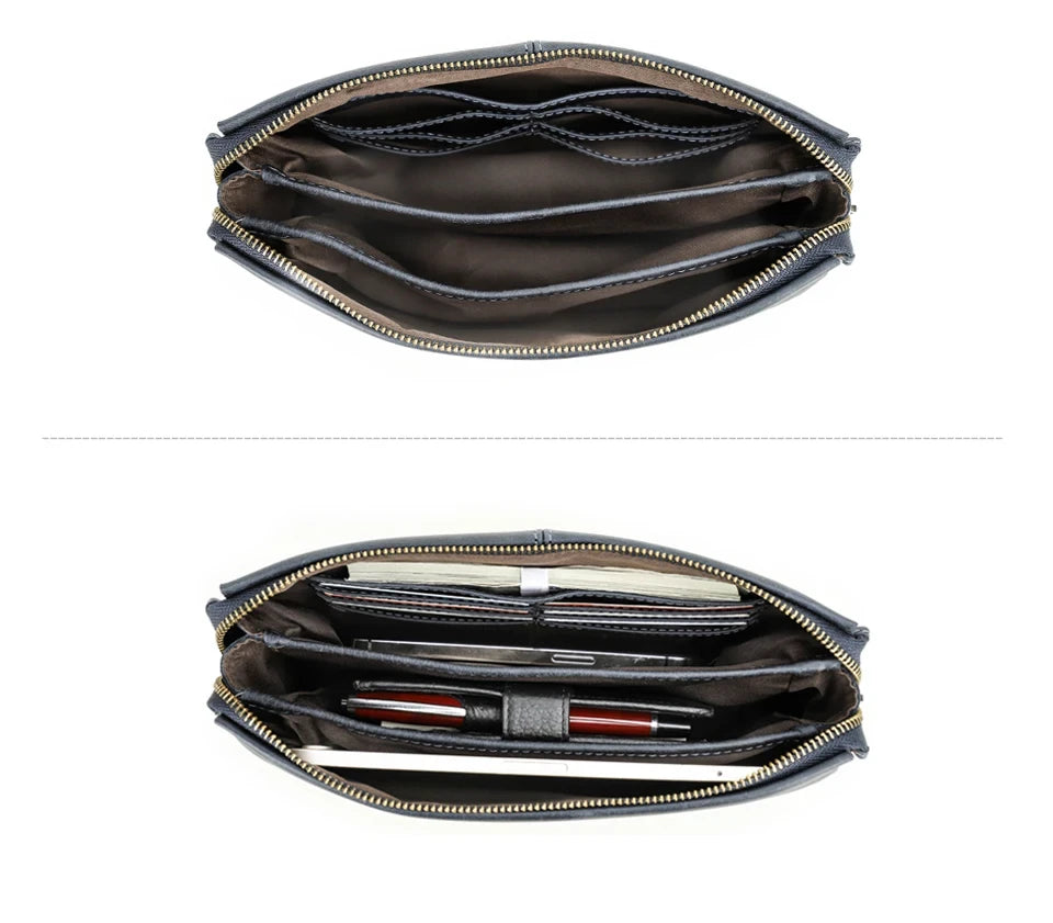 interior of an elegant leather clutch showing organized compartments for cards, phone and other essentials, top view.