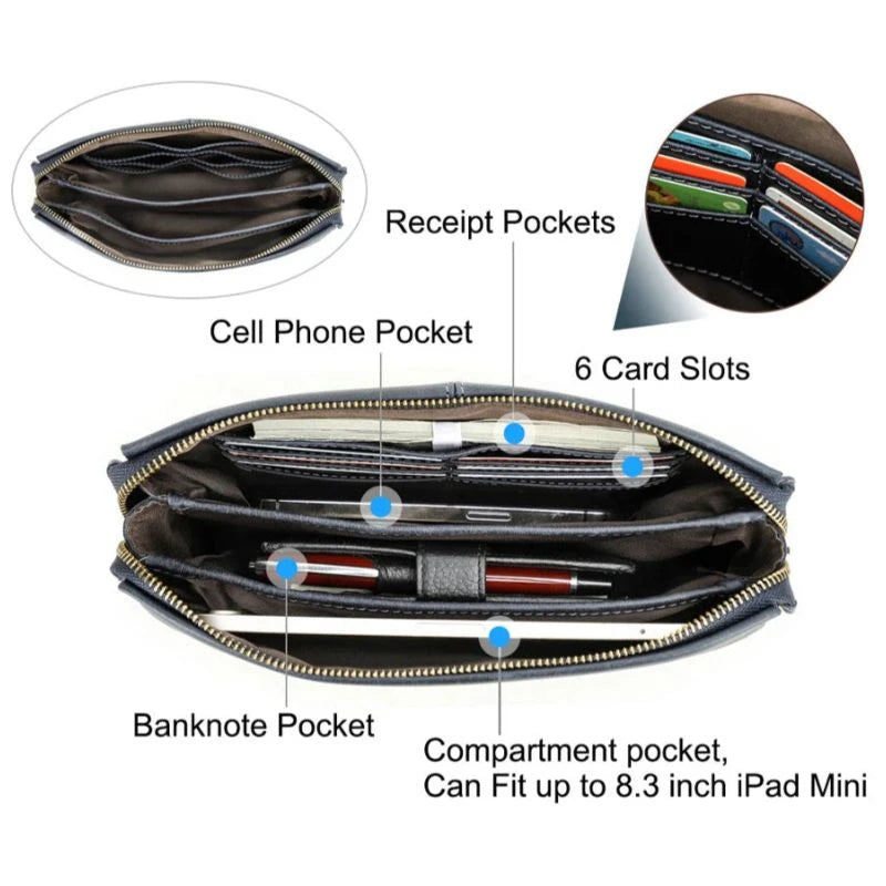 Blue leather clutch with multiple compartments, including a cell phone pocket, card slots and space for an iPad Mini. 