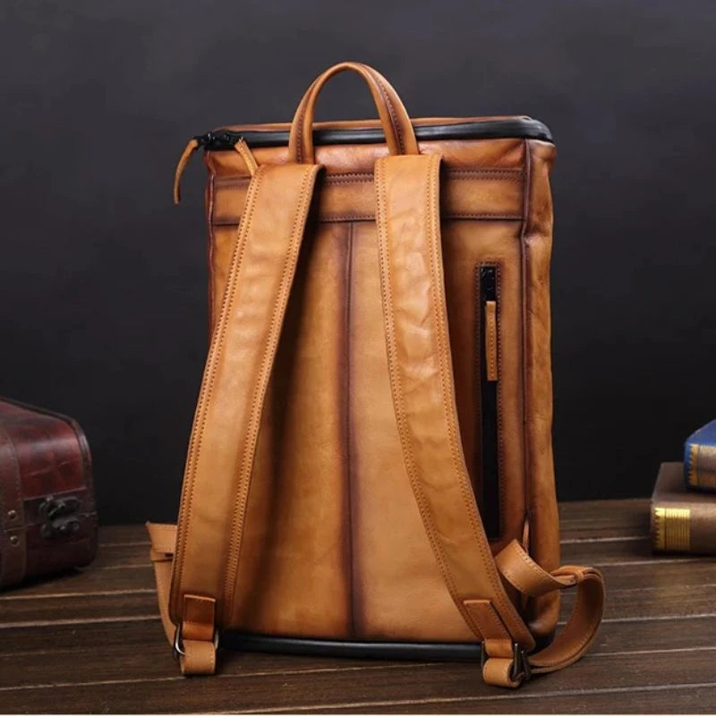 Stylish coffee brown vintage leather backpack with unique design, soft handle and adjustable straps, back view.
