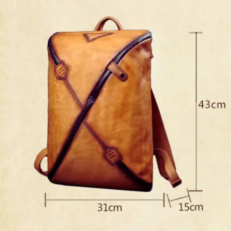 Stylish brown vintage men's leather backpack measuring 31cm ide, 43cm high, 15cm deep, front view.