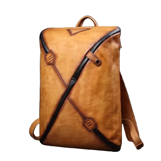 brown vintage leather backpack with unique design, soft handle and adjustable straps, front view.