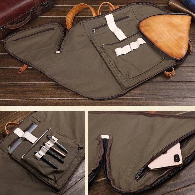 View of the open interior of stylish brown leather backpack showing compartments with phone and other items.