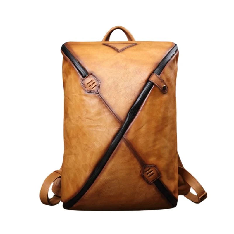Stylish brown vintage men's leather backpack with unique design, soft handle and adjustable straps, front view - variant.