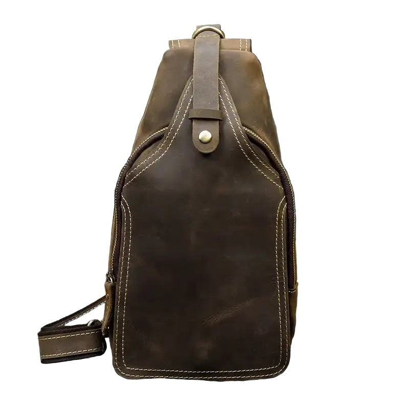 Coffee brown leather retro sling bag, front view.