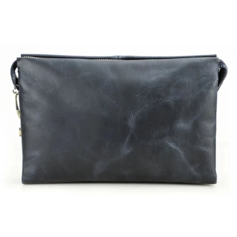 Blue clutch bag in durable leather with a zipper and handle, back view