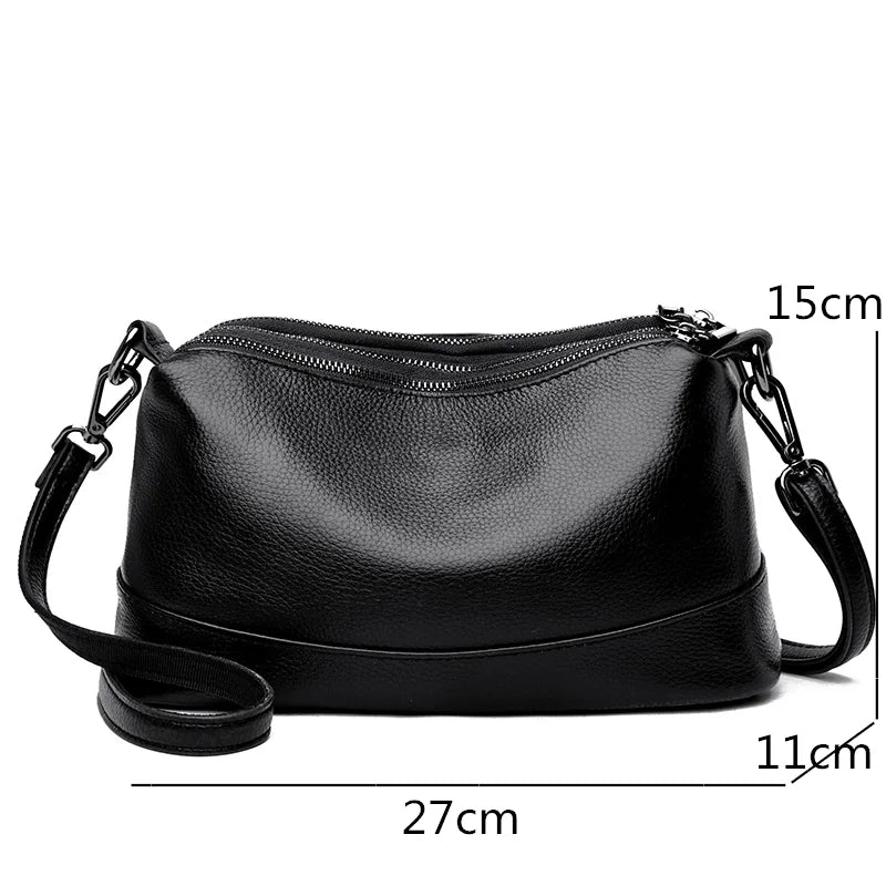 Chic Genuine Leather Shoulder Bag - black color - front view with dimensions
