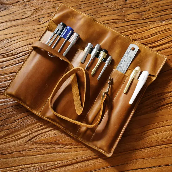 Handmade Retro Style Leather Pen Roll Organizer