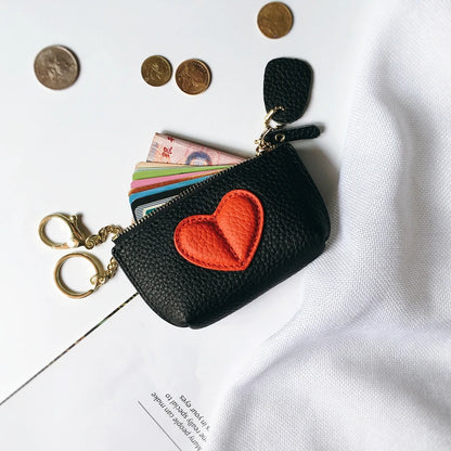 Women's Genuine Leather Coin Purse & Key Holder – Cute Heart Patch Design