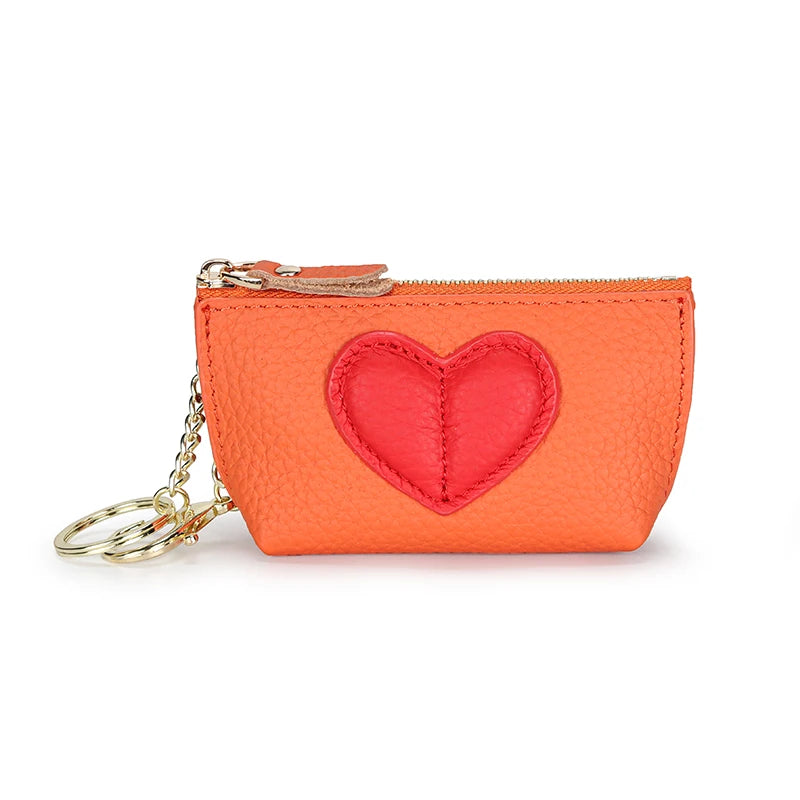 Women's Genuine Leather Coin Purse & Key Holder – Cute Heart Patch Design