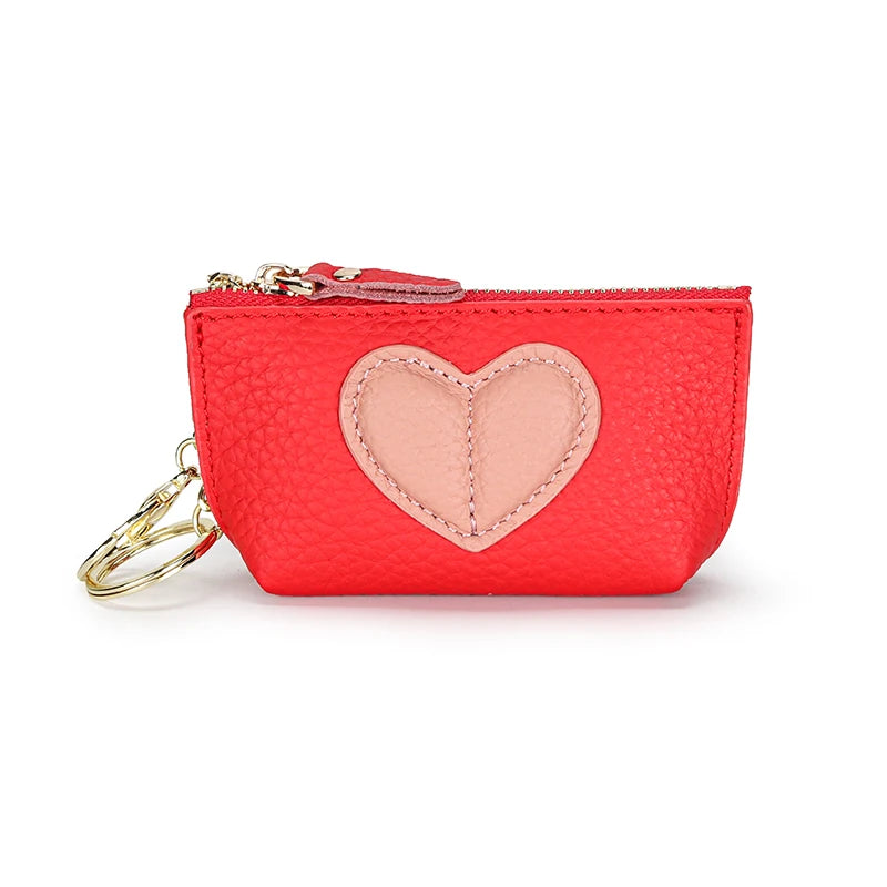 Women's Genuine Leather Coin Purse & Key Holder – Cute Heart Patch Design