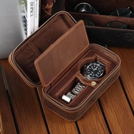 Genuine Leather Zipper Watch Roll Organizer| Portable Travel Watch Storage Case