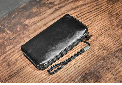 Genuine Leather Long Clutch Wallet With Wrist Strap