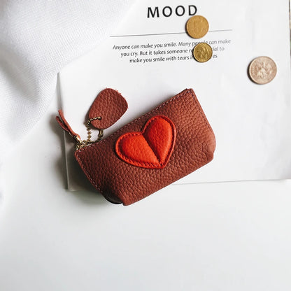 Women's Genuine Leather Coin Purse & Key Holder – Cute Heart Patch Design