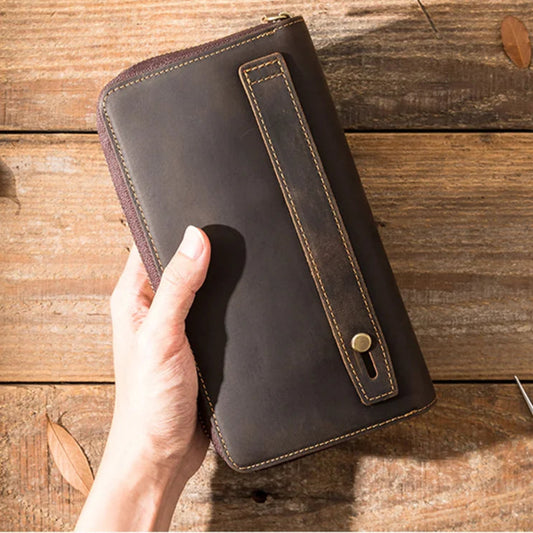 Handmade Retro Crazy Horse Leather Long Wallet | Vintage Style Durable Clutch