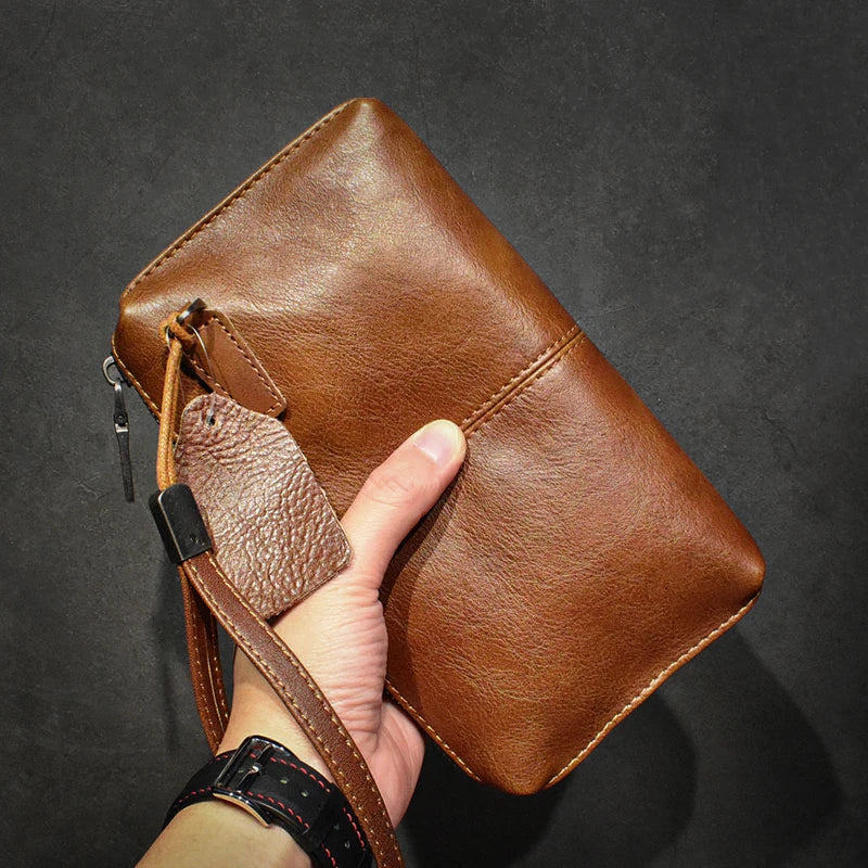 Genuine Leather Long Clutch Wallet With Wrist Strap