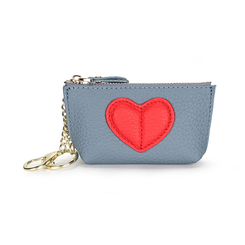 Women's Genuine Leather Coin Purse & Key Holder – Cute Heart Patch Design