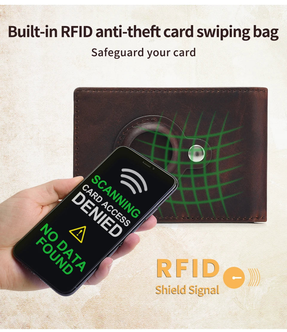 Genuine Leather RFID Wallet with Air Tag Holder – Money Clip & Card Holder for Apple Air Tag