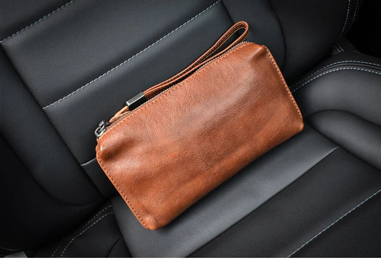 Genuine Leather Long Clutch Wallet With Wrist Strap