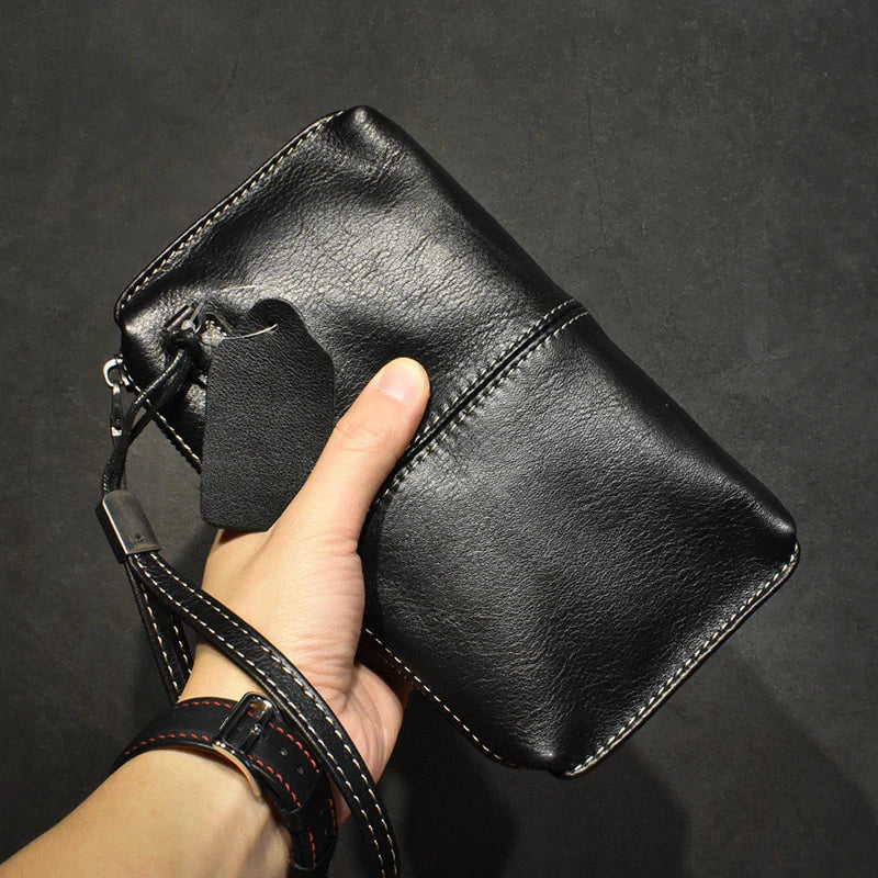 Genuine Leather Long Clutch Wallet With Wrist Strap