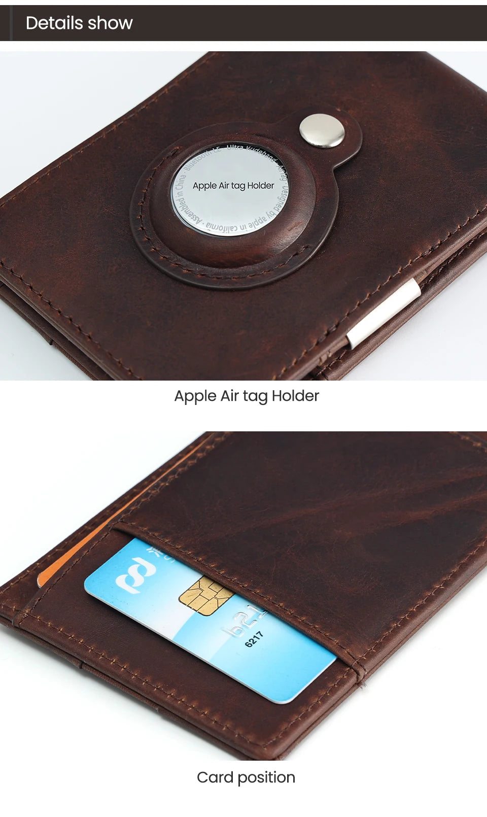 Genuine Leather RFID Wallet with Air Tag Holder – Money Clip & Card Holder for Apple Air Tag