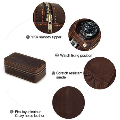 Genuine Leather Zipper Watch Roll Organizer| Portable Travel Watch Storage Case