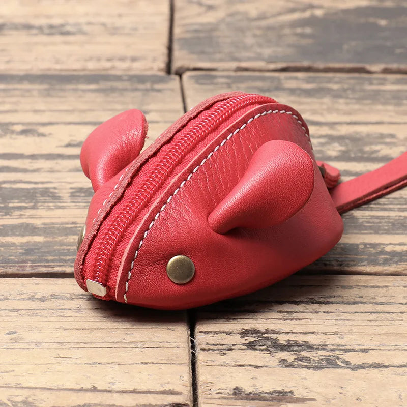 Vintage Leather Mini Coin Purse - Cute Mouse Design with Zipper Pocket