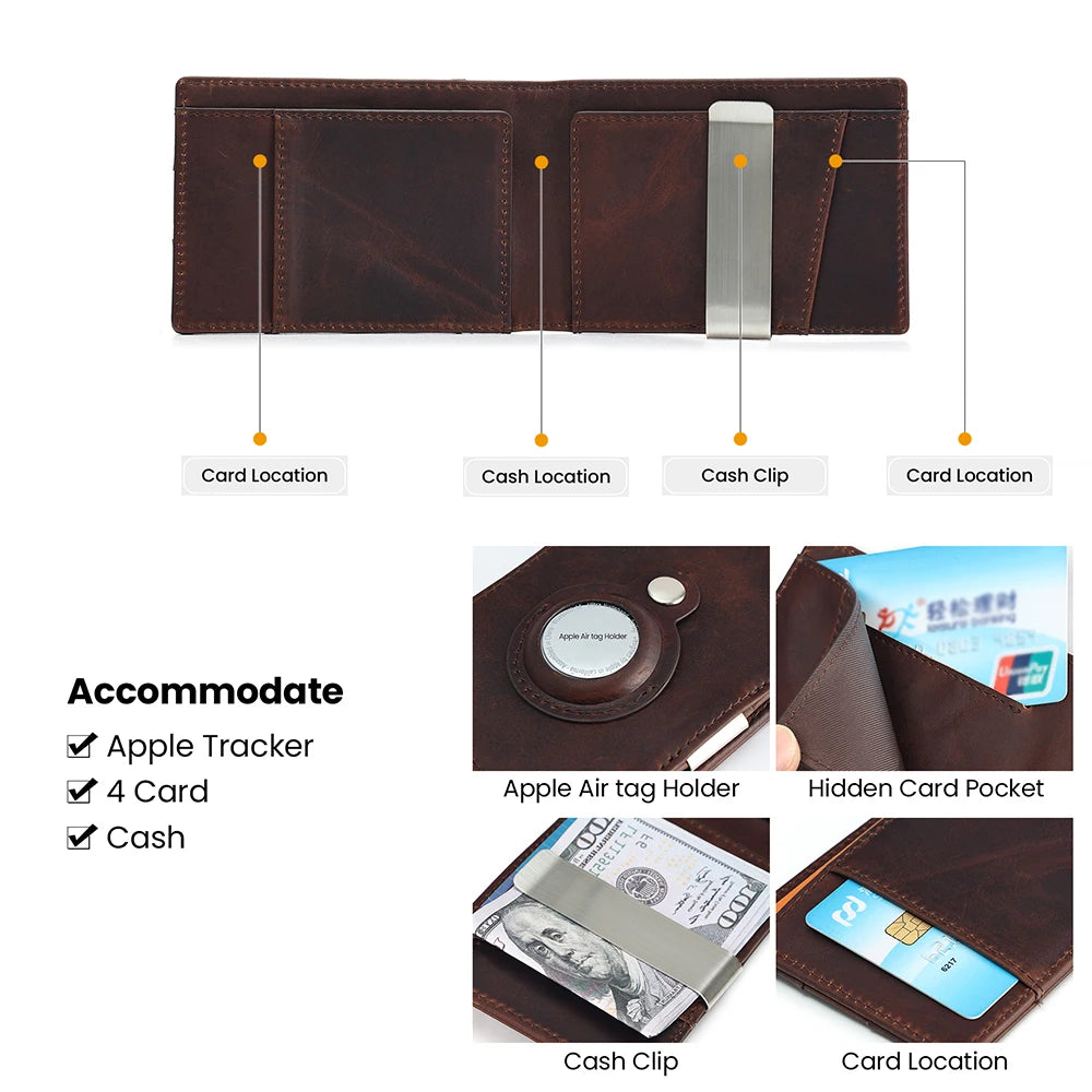 Genuine Leather RFID Wallet with Air Tag Holder – Money Clip & Card Holder for Apple Air Tag