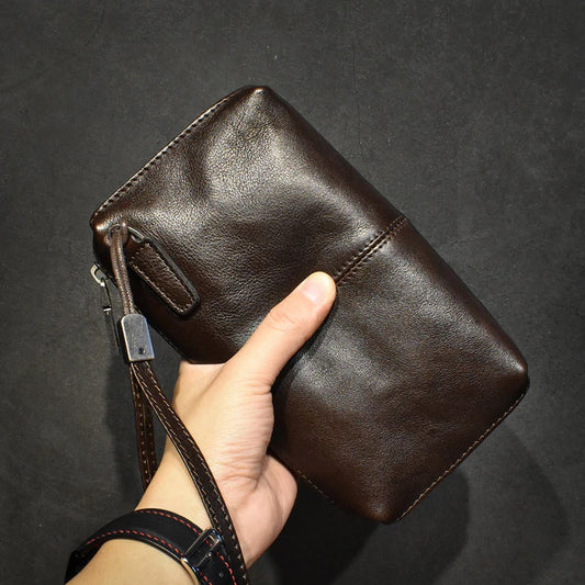 Genuine Leather Long Clutch Wallet With Wrist Strap