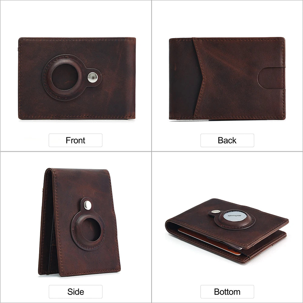 Genuine Leather RFID Wallet with Air Tag Holder – Money Clip & Card Holder for Apple Air Tag