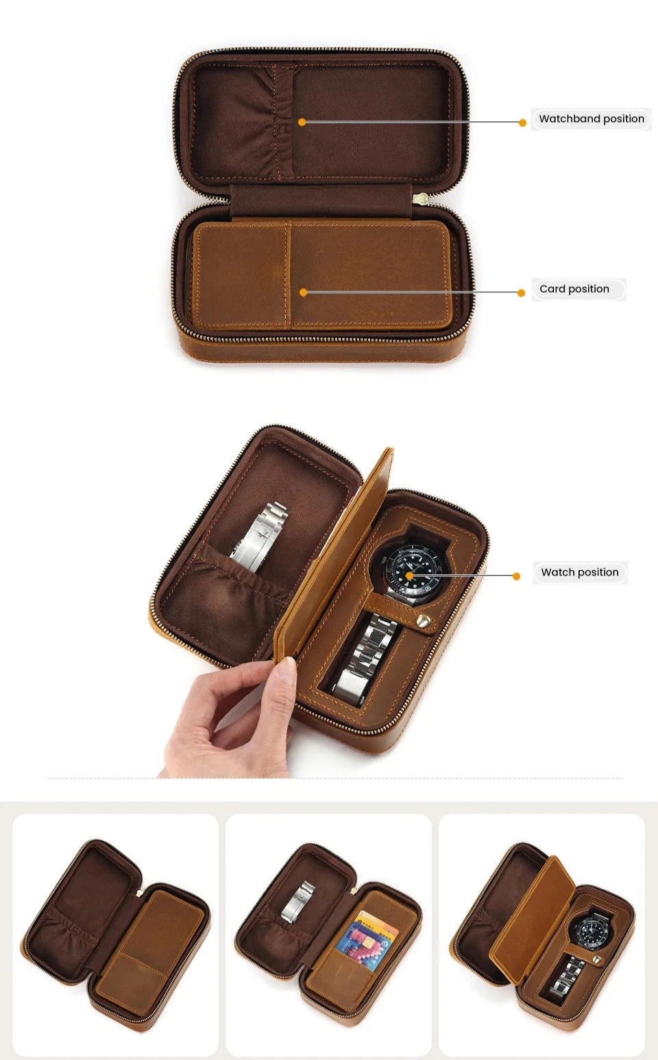 Genuine Leather Zipper Watch Roll Organizer| Portable Travel Watch Storage Case